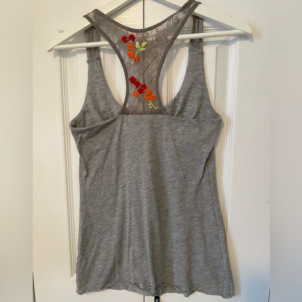 Free People Vintage Tank Top with hand embroidered Floral Lace Back shelf bra S